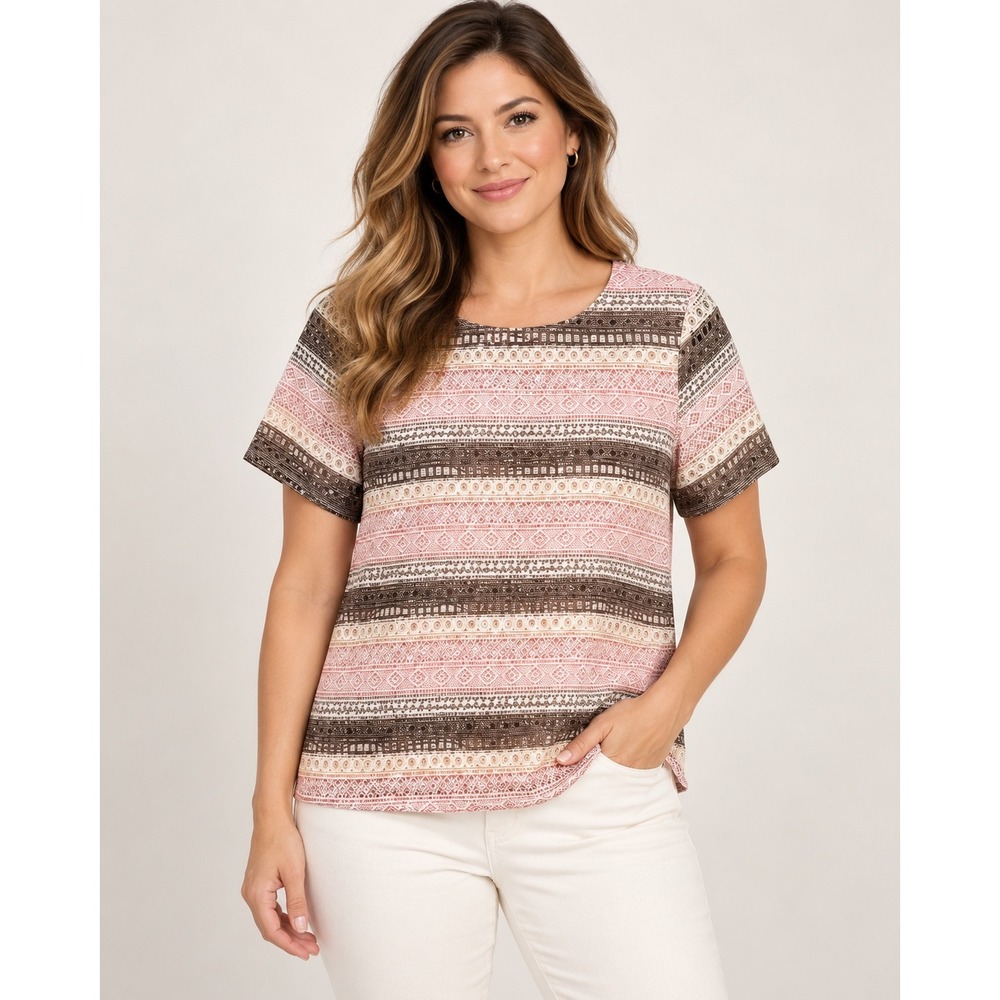 Tahari Arthur S Levine Womens Size 8 Pink Brown Lace Stripe Blouse Short Sleeve - Picture 2 of 9